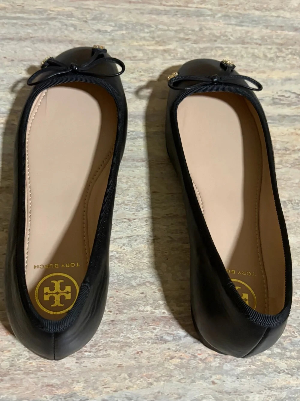 Tory Burch Laila Driver Black Leather Bow Ballet Flats with Gold Logo Charms